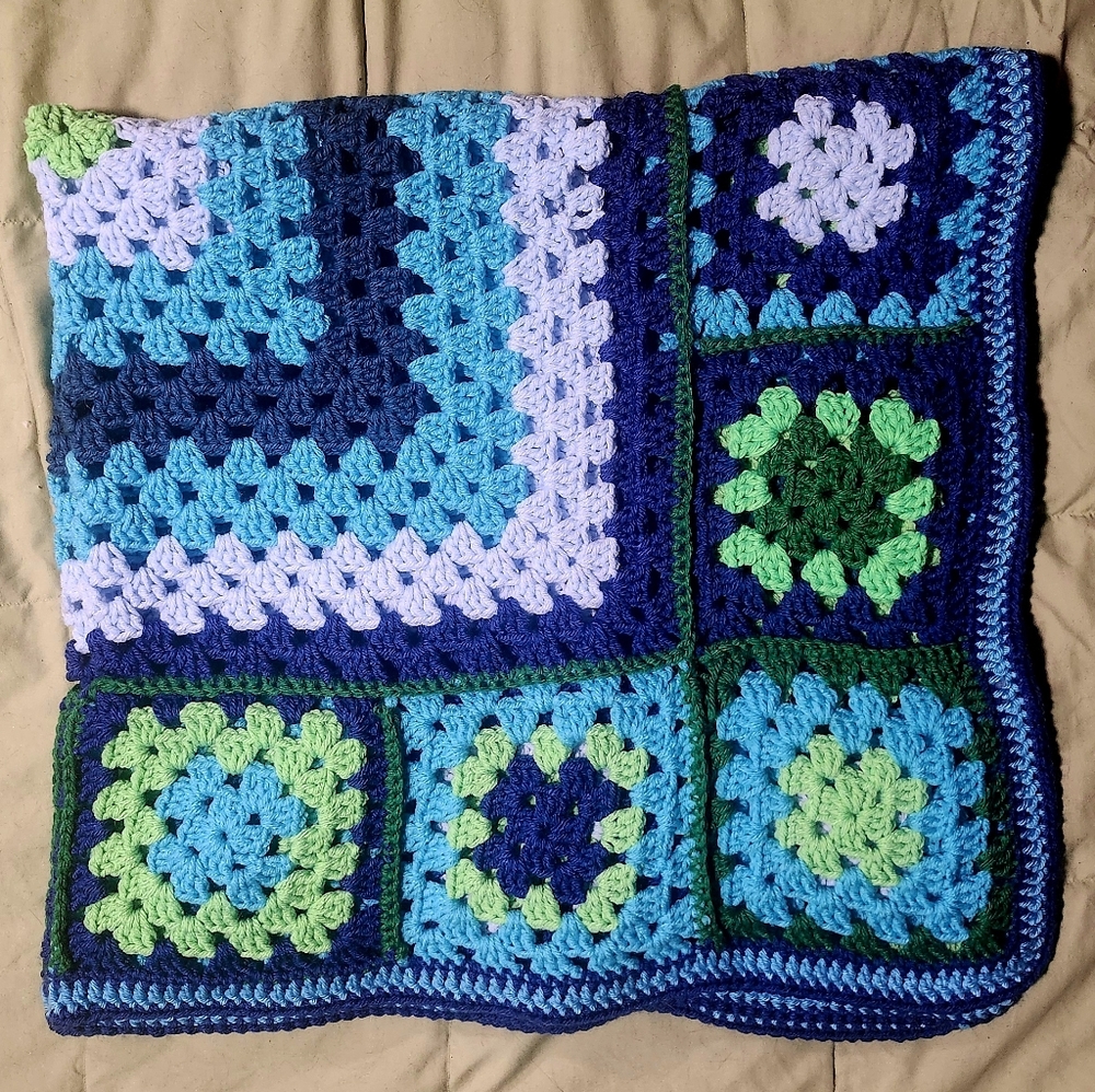 Handmade Blue And Green 40" By 40" Crochet Blanket - Picture 4 of 5